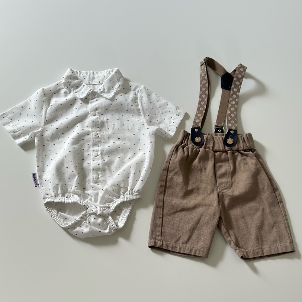 Baby boy set shirt, shorts with suspenders 9-12 months